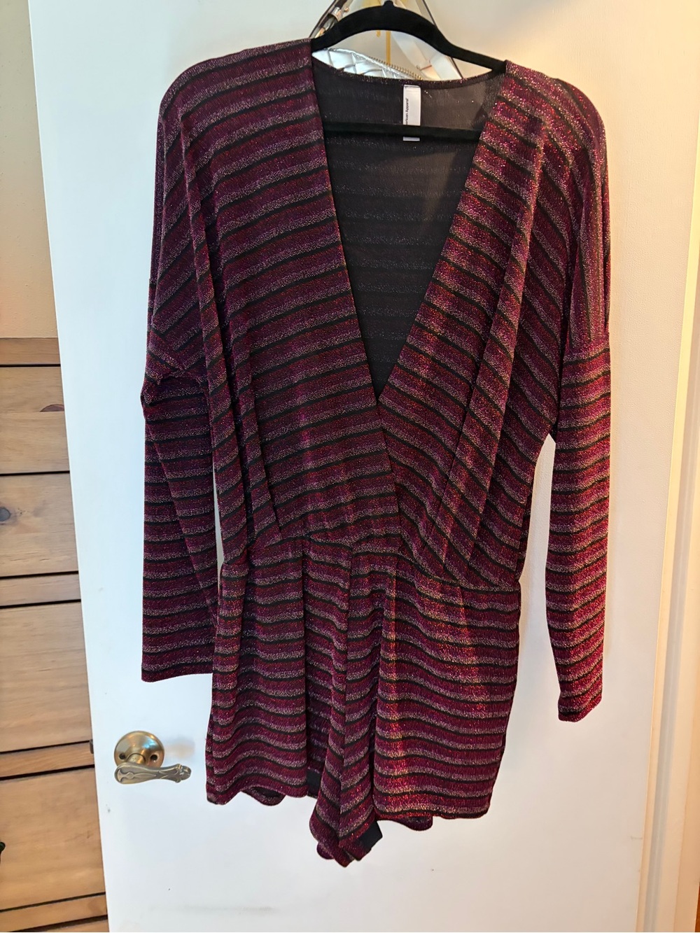 American Apparel Striped Sparkle Deep V Romper in Purple and Black